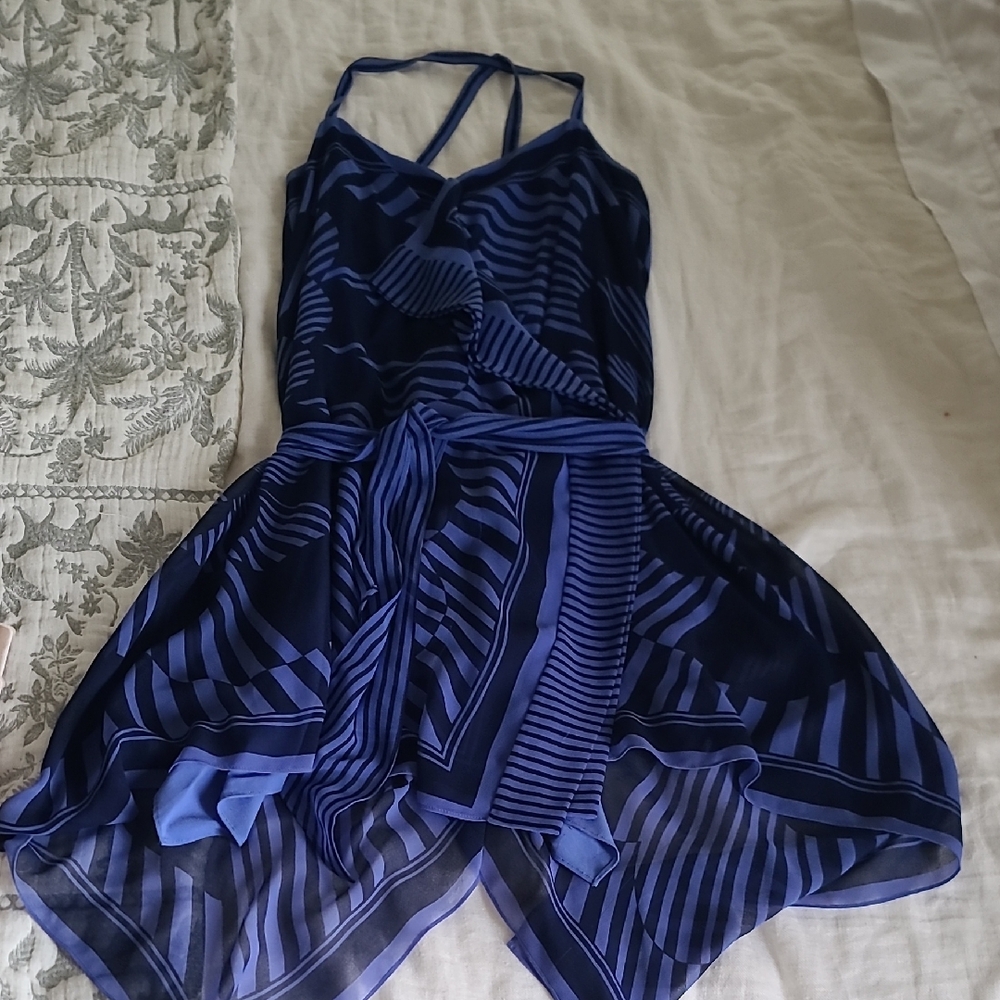 BCBGMaxAzria Blue Striped Low Back Asymmetrical Dress